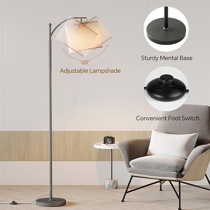 SUNMORY Arc Floor Lamp, Modern Floor Lamp with 9W 3 Color Temperatures Bulb, Metal Standing Lamps with Adjustable Hanging Lampshade, Tall Floor Lamps for Living Room, Bedroom, Office
