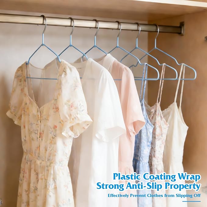 150 Pack Clothes Hangers,Non Slip Blue Plastic Coated Metal Coat Hanger for Closet,Sturdy Thin Hangers Bulk Space Saving Hangers for Pants,Skirt,Shirt,Dress,Tie
