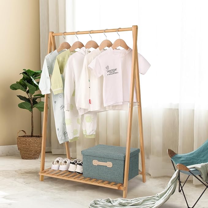 Small Clothes Rack Kids Dress Up Storage for Playroom, Toddlers Bedroom, Bamboo Child Garment Rack with Storage Shelf, Kids Clothing Rack Costumes Organizer