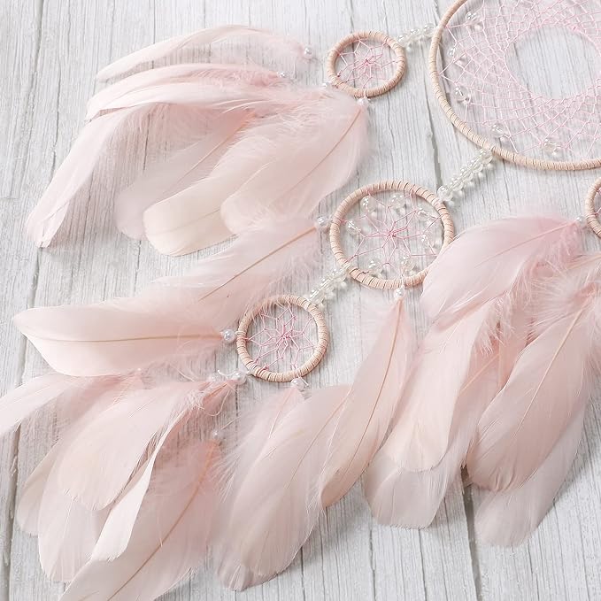 Pink Dream Catcher Wall Decor Handmade Feathers Dreamcatcher Wall Hanging Ornament Room Decor Craft Blessing Gift for Kids Boys Girls (Pink, No Light)