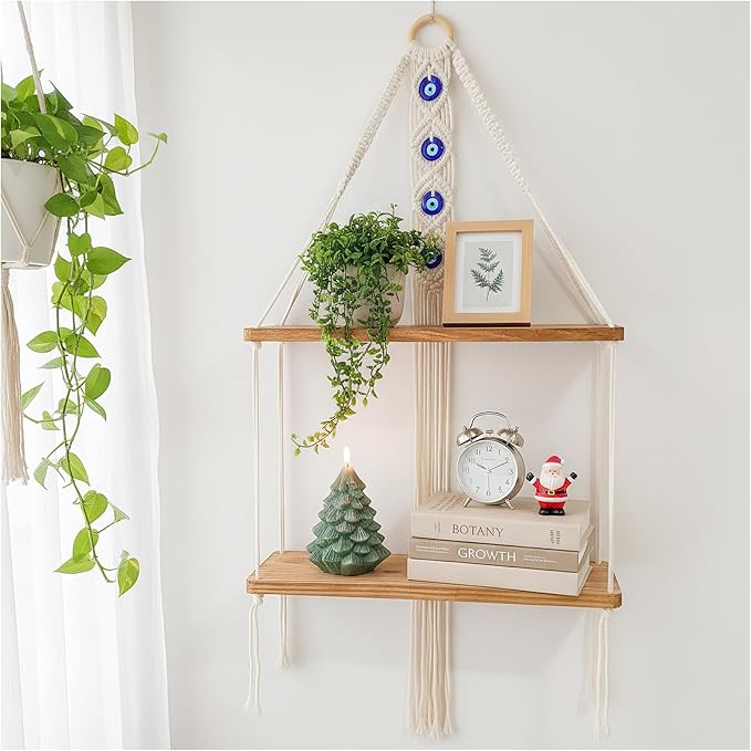 Macrame Hanging Shelf Boho Wall Decor - 2 Tier Handmade Cotton Rope & Rustic Wood Floating Shelves with Evil Eye Charms, Display Photos Plants, Bohemian Storage for Living Room, Bathroom