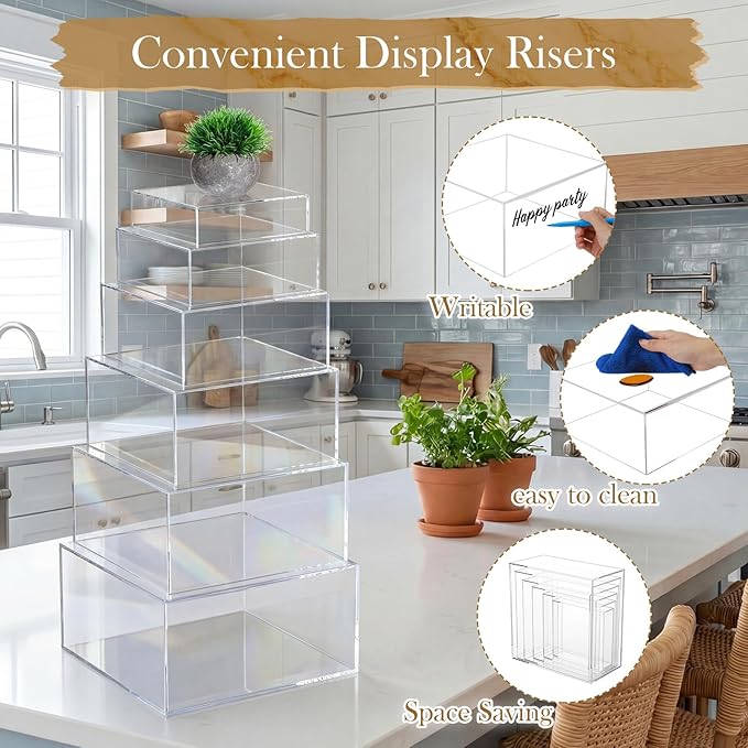 Geelin 6 Pack Acrylic Risers for Display Acrylic Cube Boxes Risers Display Stands with Hollow Bottoms Decorative Stand for Jewelry Candy Table Decor 6 Sizes(Clear,7 to 12 Inch,Square)