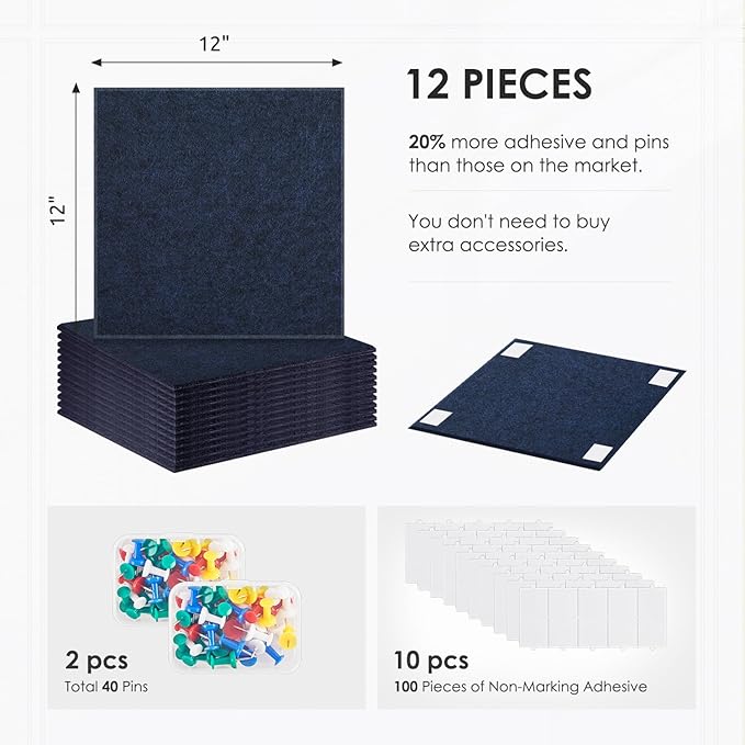 Large Cork Board for Walls 48"x36" |Cork Board Alternative| 12 Pack Felt Wall Tiles| Dark Blue Bulletin Board with Removable Adhesive | Cork Boards Pinboard for Office Home Classroom，Dark Blue