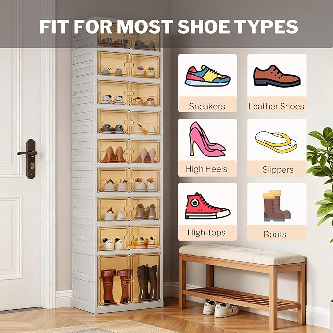 9 Tiers 18 Pairs Foldable Shoe Rack Organizer, Collapsible Shoes Storage Cabinet with Magnetic Doors, No Assembly, Stackable Tall Free Standing Shoe Rack for Closet, Entryway, Living Room