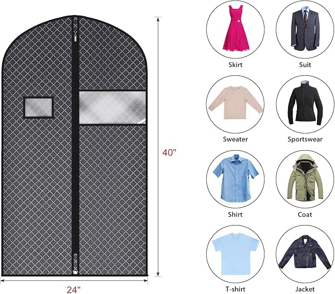 Univivi Suit Bags for Closet Storage and Travel, 40 Inch Hanging Garment Bags for Men Suit Cover with Clear Window and ID Card Holder for Suit Jacket, Shirt and Coat, 5 Pack, Black