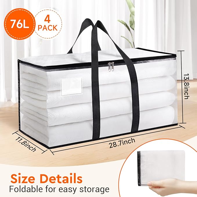 BlissTotes Moving Bags, 76L 4-Pack Storage Bags, Moving Box Heavy Duty Extra Large, Moving Totes with Zipper, Reinforced Handles Boxes for Packaging Moving, Decorative Wreath Storage