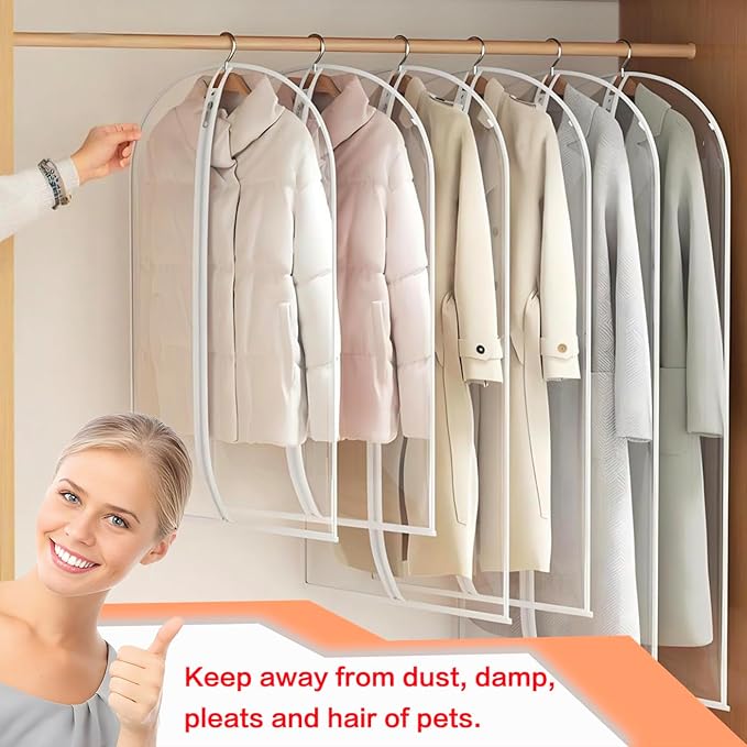 Clear Garment Bags (24'' x 48'' Set of 6) Clothes Covers for Closet Storage Closet Cover for Open Closet Hanging Clothes Travel Bag Clothes Bags with Zipper Gown Garment Bag for Long Dresses