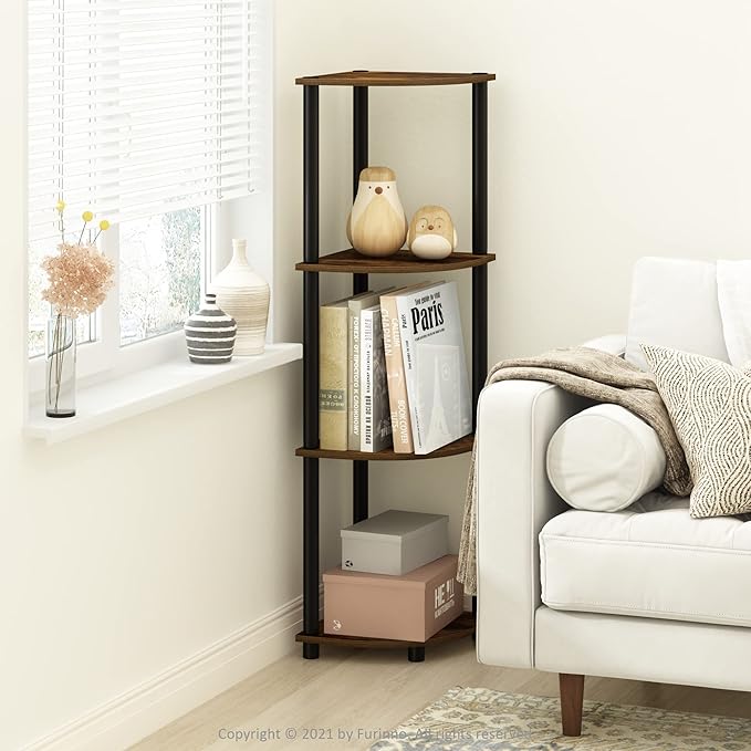 Furinno TURN-N-TUBE Corner Shelf, 4-Tier Corner Bookshelf, Display Storage Shelves with Open Shelves, for Organization and Storage, Living Room, Home Office, Garage, Amber Pine