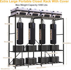 Premium Strong Heavy Duty Clothes Rack with Cover, 95% Assembled Freestanding Fordable Clothing Racks for Hanging Clothes, 71" Lx71 H,Black