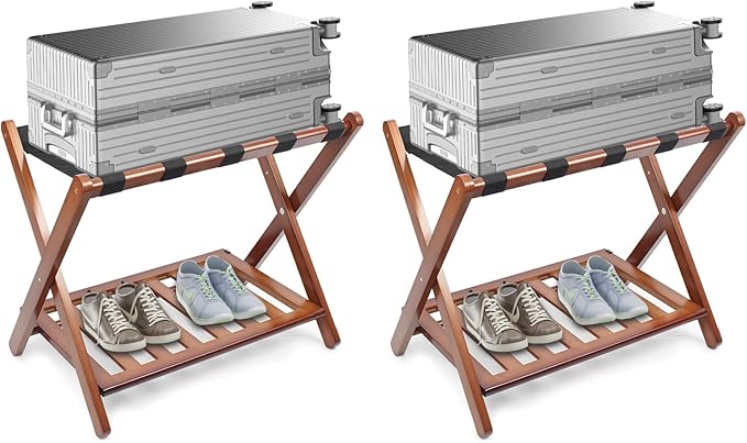 Smuxee Fully Assembled Walnut Luggage Racks Pack of 2, Upgraded Bamboo Foldable Suitcase Stand with 5 Nylon Straps, Luggage Holder with Shelf for Guest Room Bedroom Hotel