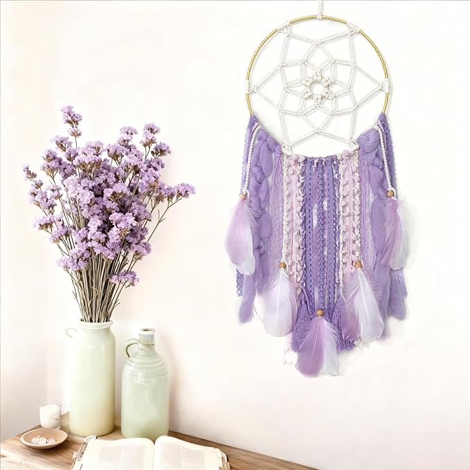 LOMOHOO Large Dream Catcher Handmade Feather Dreamcatcher, Traditional Dream Catchers with Woven Tassels Boho Wall Hanging for Girl Kids Bedroom Baby Room Home Decor Craft Ornament Gift (Purple)
