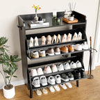 Shoe Storage Cabinet with 2 Flip Drawers, Freestanding Entryway Shoe Cabinet with 2 Side Hooks & Adjustable Shelves Slim Shoe Organizer Cabinet Narrow Shoe Rack for Entrance Hallway Front Door,Black