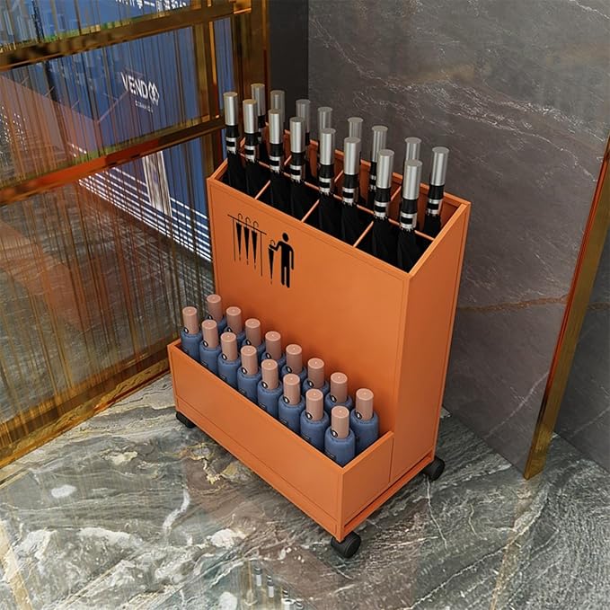 SEIFE Movable Commercial Metal Large Capacity Umbrella Holder With removable drain tray,Can hold 30 umbrellas，Indoor Entryway Umbrella stand，For Hotel,Offices,home(Orange)