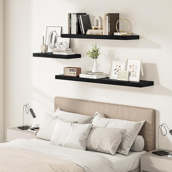 Black Floating Shelves for Wall 24 Inches Long, 12" Deep Wall Shelves 2" Thick, Heavy Duty Shelf for Bedroom, Bathroom, Living Room, Kitchen, Office, Home Decor, Modern Shelf Set of 2, 24" X 12" X 2"