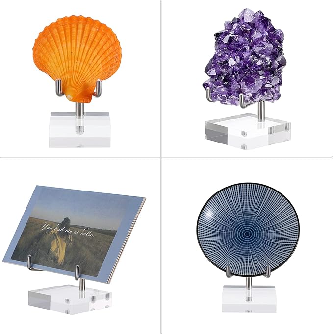 Hipiwe Clear Acrylic Display Stand Holder with Adjustable Metal Arms Display Easel Stands for Gemstones Fossils Minerals Agate Slabs Plates Crystals Saucers Collectibles, 2.4x2.4x4.1 inch