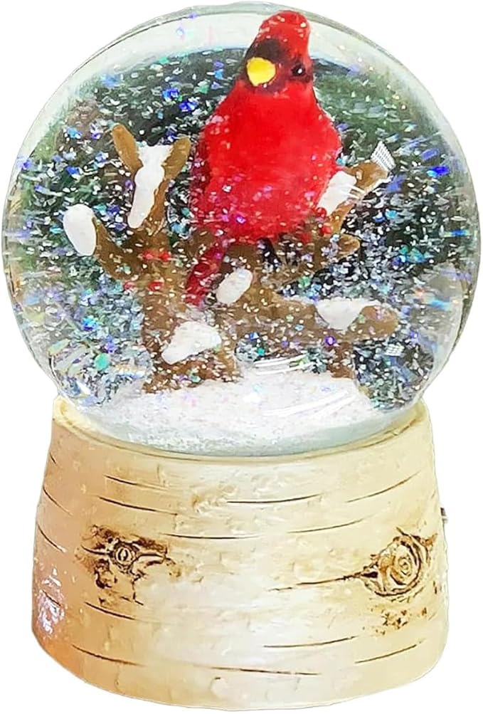 Musical Christmas Snow Globe with Cardinal Water Spinning Wind-Up Music Box Hand-Painted Birch Tree Design Holiday Tabletop Decoration by Moments in Time (5.7”H)