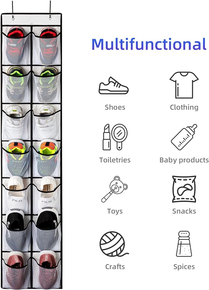 KEEPJOY Over the Door Shoe Organizer, Hanging Shoe Organizer with 4 Hooks, Shoe Holder with 14 Mesh Pockets Closet Door Shoe Storage Bag (White-2Pack)