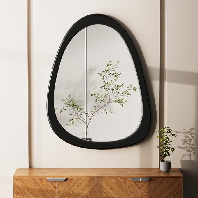 34"x 26" Irregular Wall Mirror, Black Frame Wood Asymmetrical Decorative Wall Wooden Mirror for Living Room Bedroom Entryway Bathroom Home Decor