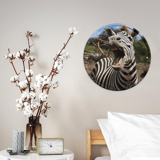 Wall Picture, with Funny Zebra Printed Circular Iron Hanging Picture,Wall Art Decor,Home for Bedroom Living Room Bathroom Decor,Iron Painting 11.8X11.8 in