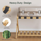Fully Assembled Luggage Racks Pack of 2, Folding Suitcase Stand with Storage Shelf, Bamboo Luggage Stand with 5 Nylon Straps for Guest Room, Bedroom, Heavy Duty, Natural