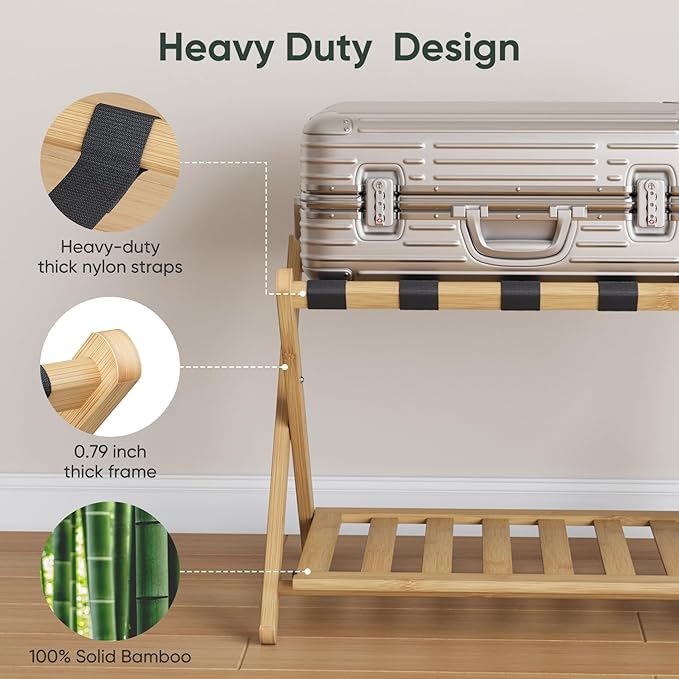 Fully Assembled Luggage Racks Pack of 2, Folding Suitcase Stand with Storage Shelf, Bamboo Luggage Stand with 5 Nylon Straps for Guest Room, Bedroom, Heavy Duty, Natural