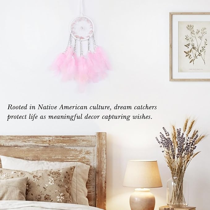 Pretty Jolly Crystal Stone Small Dream Catchers Pink Feathers Mini Dreamcatchers with Beads for Car Rear View Mirror Hanging Decoration Good Luck Travel Charm Little Bedroom Ornaments for Women Girls