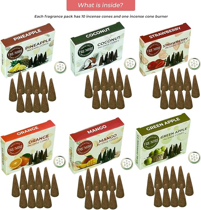 Trumiri Fruity Incense Cones - Variety Pack - Total 60 Cone Incense (6 Scents x 10 Conos) - Strawberry, Coconut, Pineapple, Apple, Mango, Orange - Cone Incense Scents - Insense Cones - Incent Cone