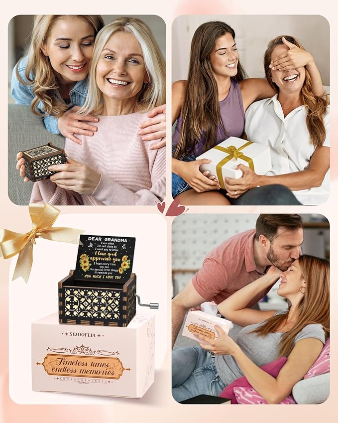 Swooflia Mother's Day Wooden Music Box for Grandma with Sunflower Greeting Card- Hand Crank Engraved Musical Box Vintage Mechanism Personalized Gifts for Mom On Birthday