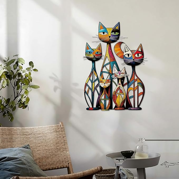 Wesiti Cat Wall Art Decor Iron Wall Sculptures Decor for Cats Lover 10.6 x 15.7 Inches Colorful Retro Mid Century Cat Signs for Home Living Room Bedroom Kitchen Office(Novel)