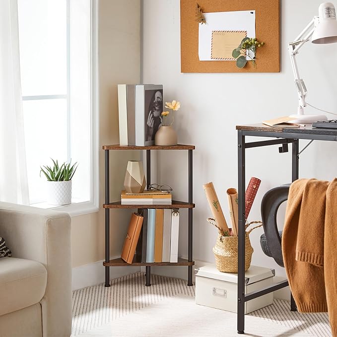 HOOBRO Corner Shelf Stand, Industrial 3-Tier Corner Bookshelf with Metal Frame, Plant Display Shelf, Small Bookcase for Small Spaces, Living Room, Rustic Brown and Black BF30CJ01
