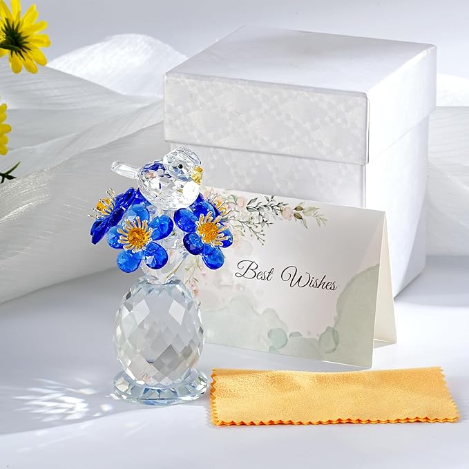 Crystal Bird & Forget-Me-Not Flower Figurine,3x4 inch Glass Flower Collectible Ornaments for Home Decor Table Centerpiece Glass Bouquet Flowers Keepsake Gifts for Women （Blue）
