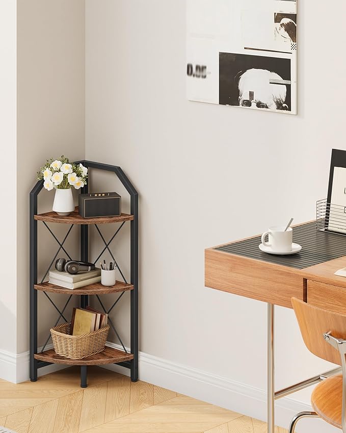 CHOEZON 3-Tier Corner Shelf, Industrial Corner Bookshelf, 35.4" Storage Stand, Plant Stand Display Shelf, Bookcase for Bedroom, Living Room, Home Office, Rustic Brown and Black TCJ03BF