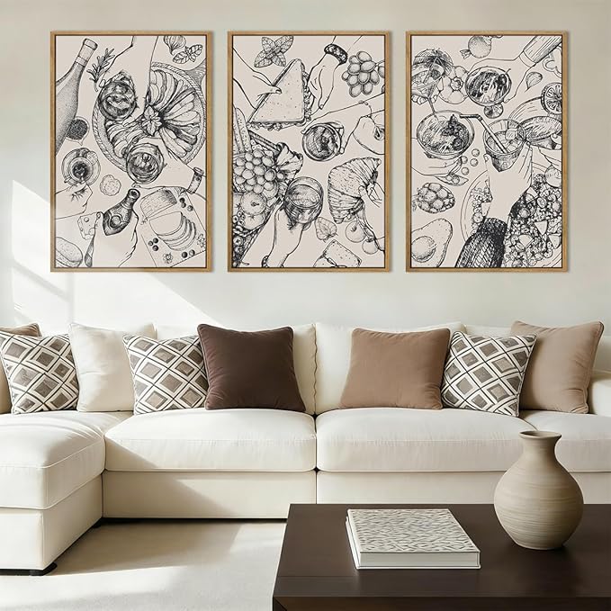 BINCUE Framed Food Wood Wall Art Set of Three Modern Cheers Kitchen Wall Decor Abstract Friends Party Art Print for Kitchen Dining Room Living Room 16x24 Inch