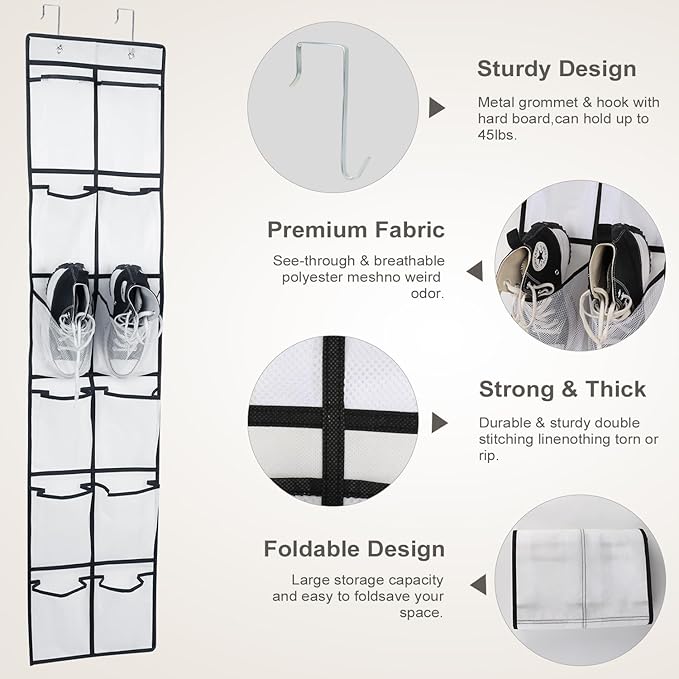12 Large Pockets Over Door Hanging Shoe Organizer, White