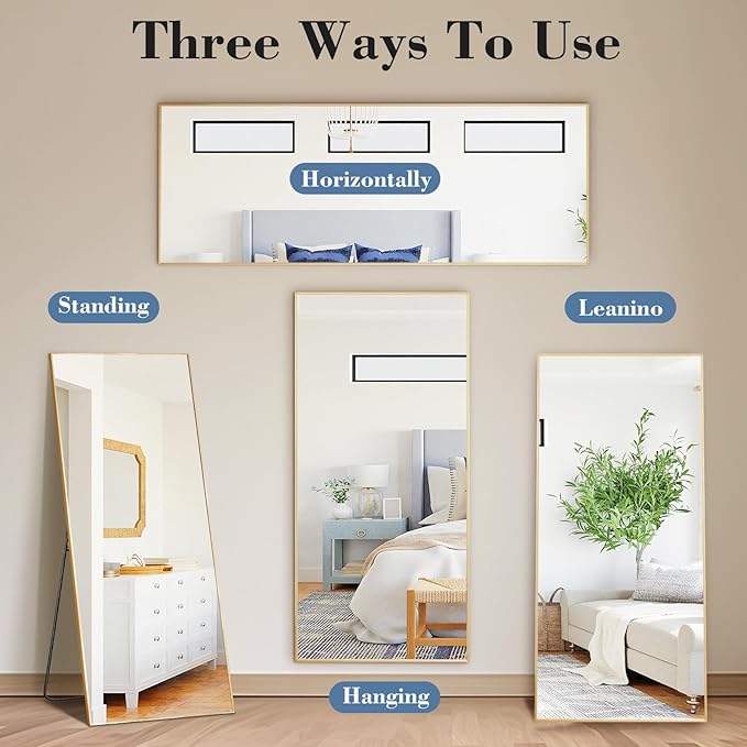 DUMOS 58"x19" Full Length Mirror, Full Body Mirror with Aluminum Alloy Thin Frame, Standing Mirrors with Leaning or Hanging, Suitable for Bedroom, Livingroom, Cloakroom, Gold