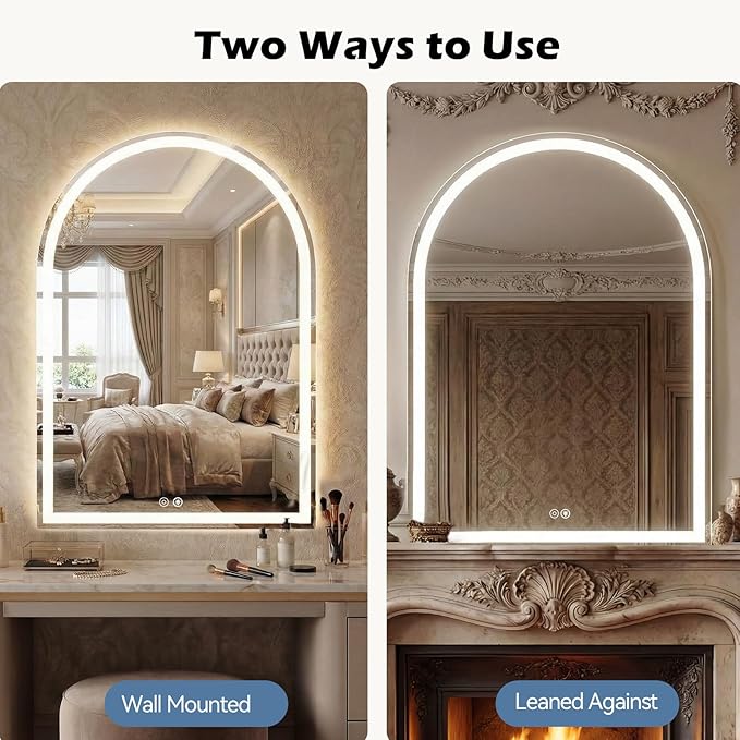 DUMOS 24"x36" LED Bathroom Mirror with Lights, Arched Vanity Mirror with Anti-Fog, Dimmable, 3-Color Light, Memory Function, Front Light and Backlit, Tempered Glass