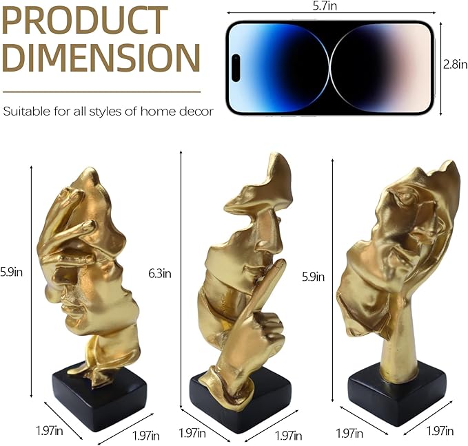 aboxoo 3 Pcs Thinker Statue, Silence is Gold Abstract Art Figurine, See No Evil Hear No Evil Speak No Evil Statues, Modern Resin Sculptures Decor for Living Room, Home, Office Study (Gold)