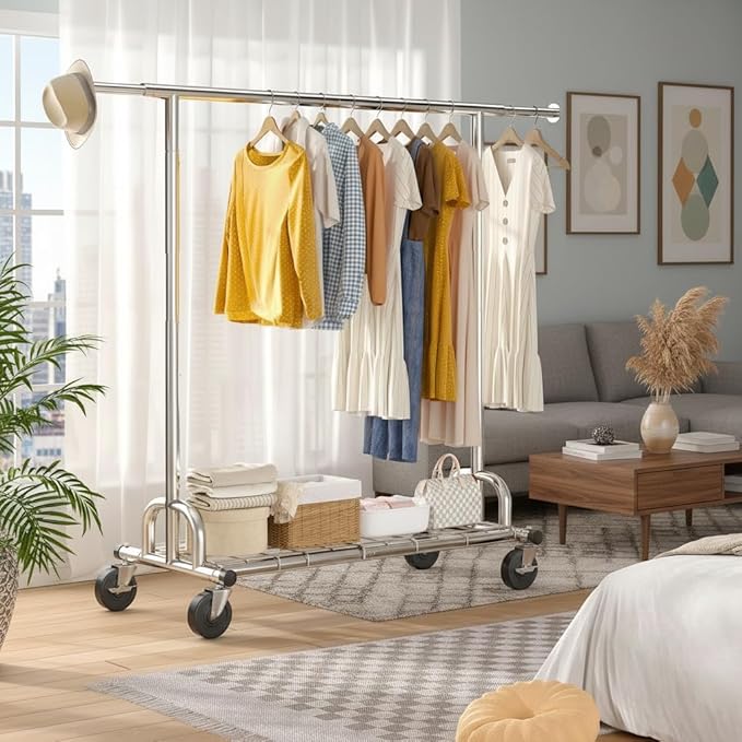 Raybee 75" W Clothes Rack Load 530 LBS, Clothing Racks for Hanging Clothes, Adjustable Heavy Duty Clothes Rack, Portable Metal Garment Rack for Bedroom Laundry Living Room