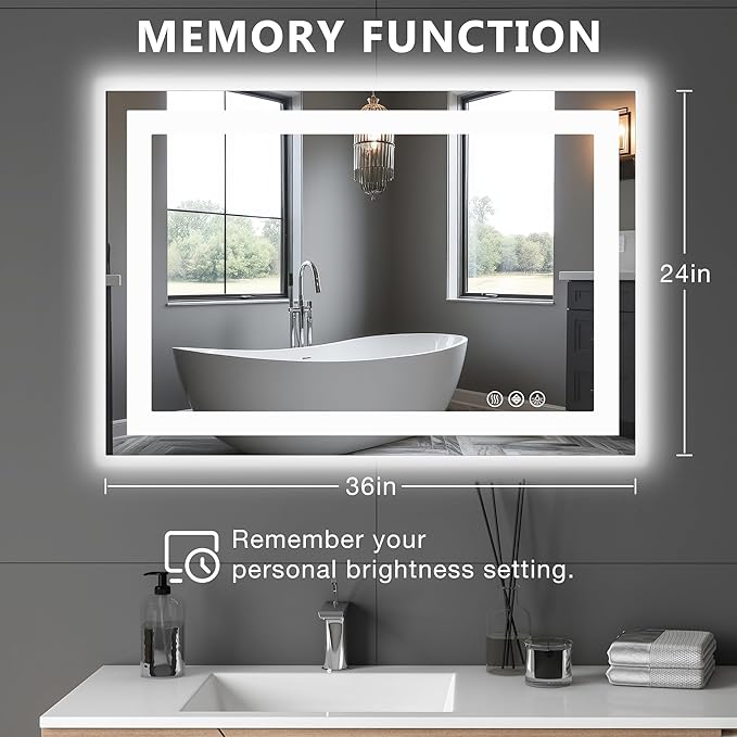 DUMOS 24.1"x36.1" LED Bathroom Mirror, Smart Anti-Fog Bathroom Vanity Mirror with Front Light & Backlit, 3 Color Temperatures, Dimmable, Memory Function