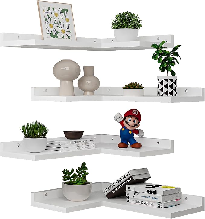 4-Tier Corner Floating Shelves, Rustic Pine L-Shaped Shelves for Creative Wall Storage in Bedroom, Bathroom & Any Room - White
