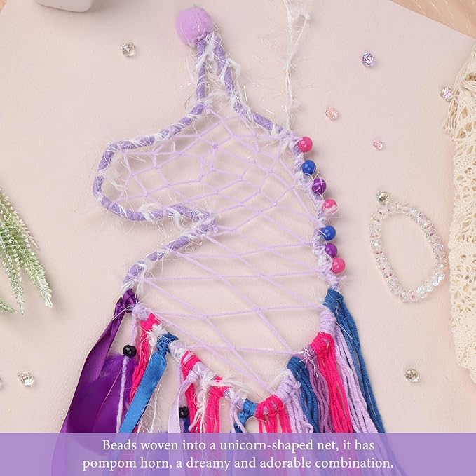 Pretty Jolly Unicorn Dream Catchers for Little Girls Bedroom Handmade Kids Dreamcatcher with Fluffy Pom Poms Feathers&Beads,Nursery Wall Decor for Toddler Girls Room,Children Birthday Gift(Purple)