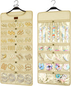 SMRITI Hanging Jewelry Organizer with Dual Zippered Pockets Canvas Double Sided Rotating Hanger Necklace Hanging Wall Organizer Earring Dustproof Holder Wall Mount Accessories Display Bag(Beige)