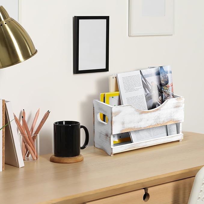 DRASTAR Magazine Holder, Bathroom Magazine Rack Floor, Wood Magazine Holder, Storage Holder for Book File Newspapers, Retro White