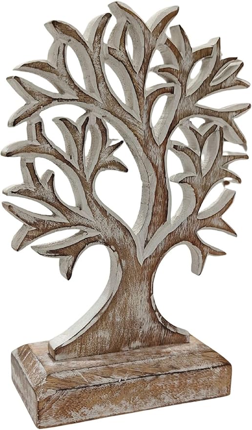 VANIYA CRAFTS® Wooden Tree of Life Decor – Handmade Carved Sculpture Statue for Home Decor, Living Room, Bedroom, Office Desk, or Shelf Display (Antique White)