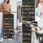 SMRITI Hanging Jewelry Organizer with Dual Zippered Pockets Canvas Double Sided Rotating Hanger Necklace Hanging Wall Organizer Earring Dustproof Holder Wall Mount Accessories Display Bag(Dark Grey)