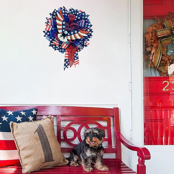 Patriotic Wreath for Front Door Red White Blue Wreath 4th of July Wreaths for Door Wall Memorial Day Decor Independence Day Hanging Decoration for Outside Home Farmhouse Holiday (Eagle)
