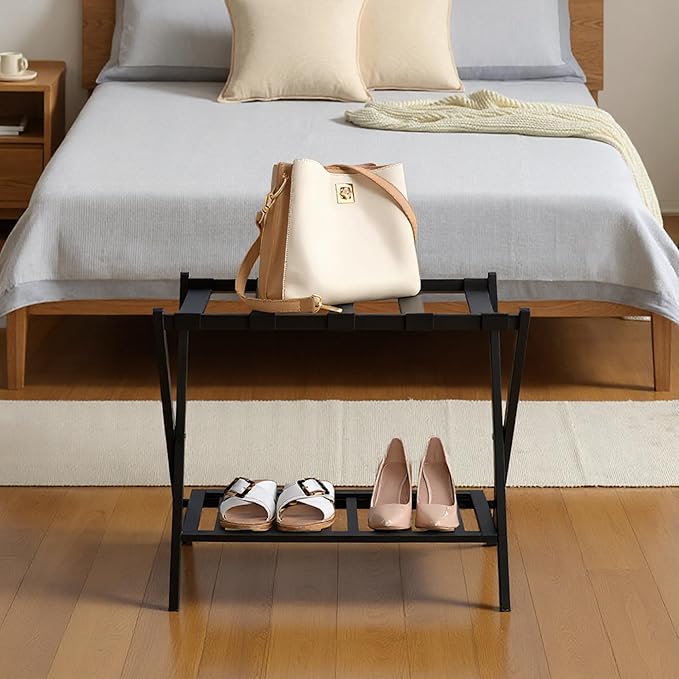 Bamboo Luggage Rack with Shoe Shelf Folding Suitcase Stand with 5 Heavy-Duty Straps for Guest Room Living Room Hotel Ideal Luggage Holder for Suitcases Bags Shoes,Black