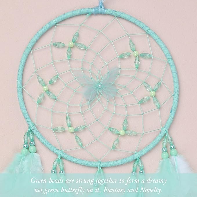 Pretty Jolly Dreamy Girls Butterfly Dream Catcher Wall Decor Fairy Green Feather Baby Dreamcatcher Handmade Home Décor Wall Hanging for Nursery Bedroom Girls Birthday Gift