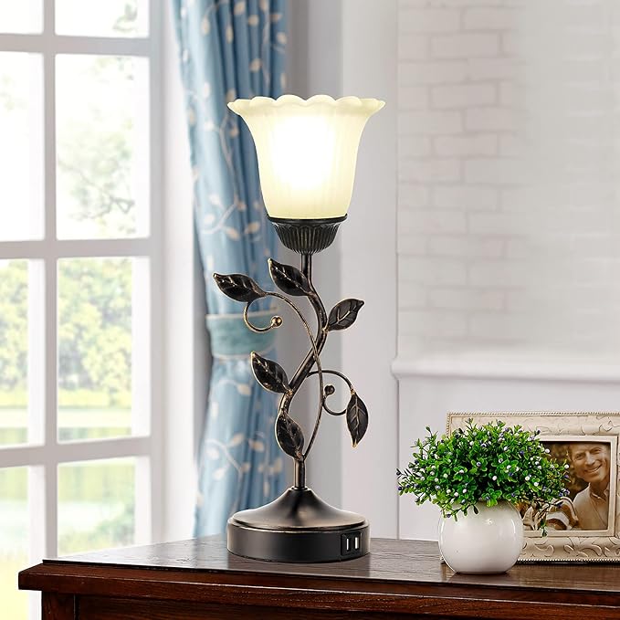 Touch Leaf Bedside Table Lamp with 2 USB Ports Nightstand Lamps | 3-Way Dimmable Vintage Lamps White Glass Shade Vintage Rural Leaf Lamp for Living Room Bedroom Side Table, LED Bulb Included