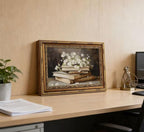 Vintage Gold Framed Wall Art Retro Moody Books and Flowers Oil Painting Canvas Print Dark Academia Decor Rustic Farmhouse Dark Floral Picture Poster Artwork for Study Library Office Bedroom